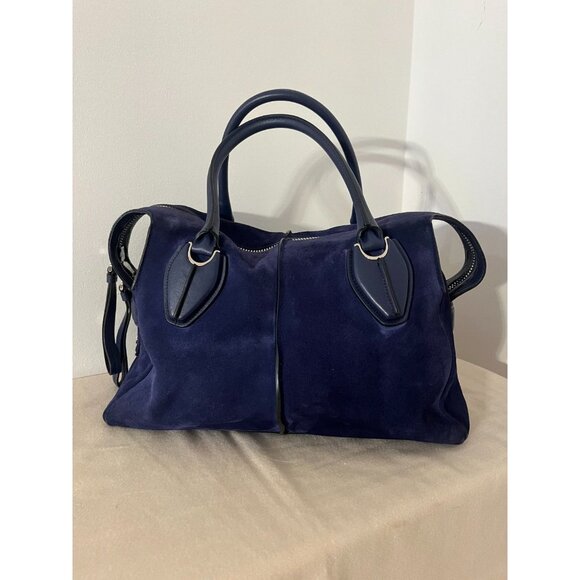 RARE Tod's D-Bag Styling Suede Navy Blue Top Handle Medium Handbag Bauletto - Picture 3 of 13